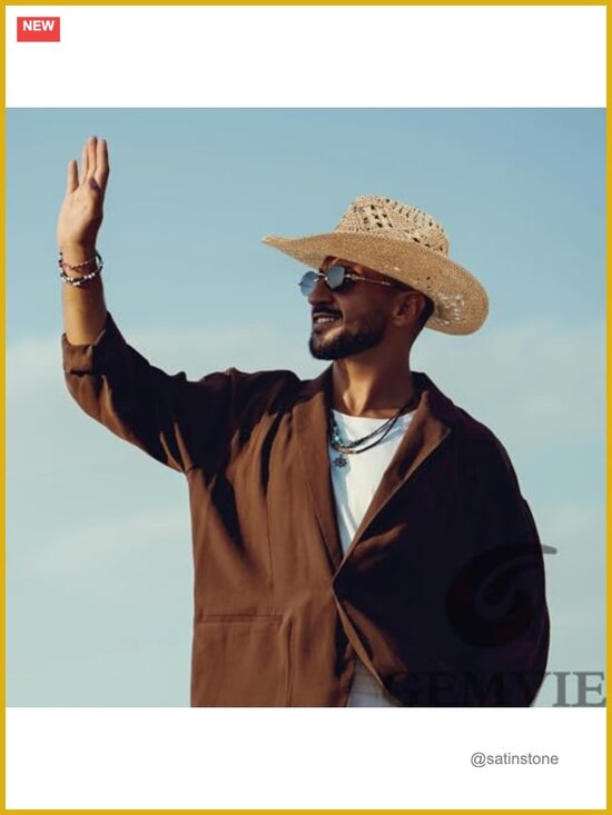 Straw Cowboy Sun Hat Roll Up Brim Hollow Out Breathable Adjustable main image 4